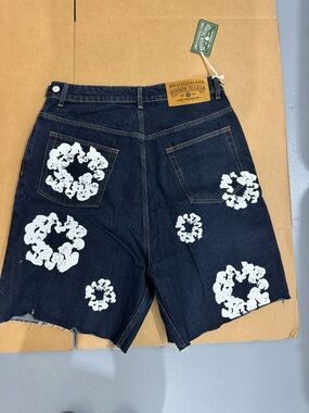 Denim Jean Shorts with White Floral Prints - Dark Blue